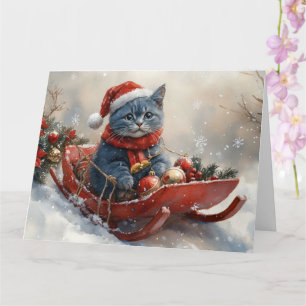 Oriental Blue Cat in Sledge Let it Snow Christmas  Card