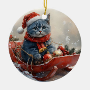 Oriental Blue Cat in Sledge Let it Snow Christmas  Ceramic Tree Decoration