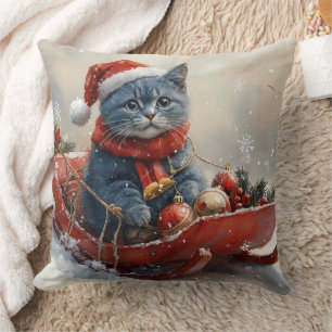 Oriental Blue Cat in Sledge Let it Snow Christmas  Cushion