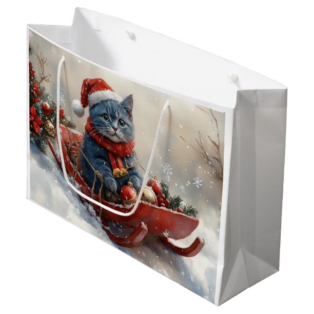 Oriental Blue Cat in Sledge Let it Snow Christmas  Large Gift Bag (Front Angled)