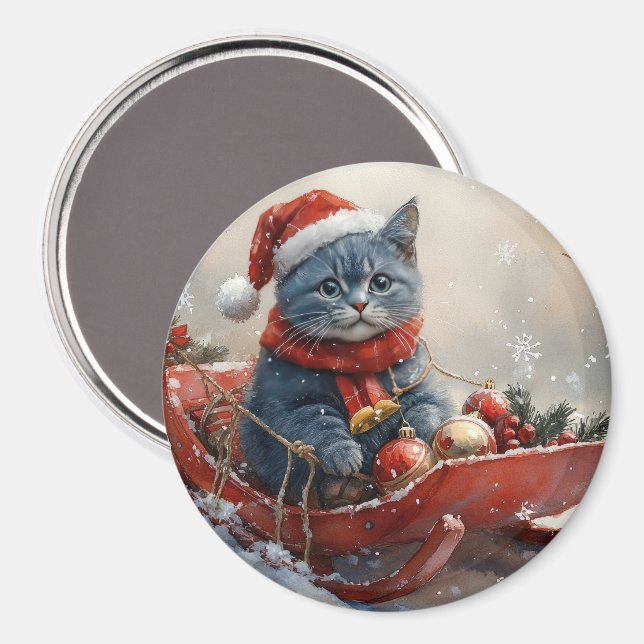 Oriental Blue Cat in Sledge Let it Snow Christmas  Magnet (Front/Back)