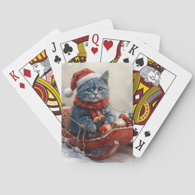 Oriental Blue Cat in Sledge Let it Snow Christmas  Playing Cards (Back)