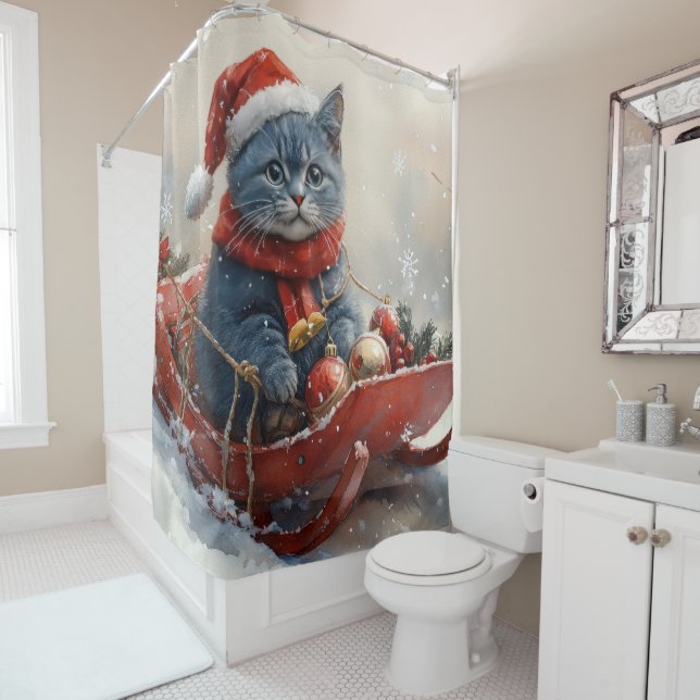 Oriental Blue Cat in Sledge Let it Snow Christmas  Shower Curtain (In Situ)