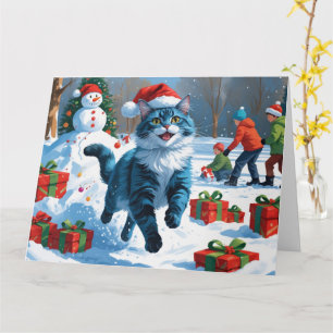 Oriental Blue Cat Sitting in Snow Christmas Hat Card