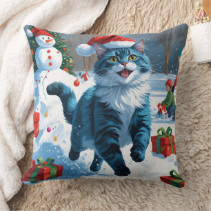 Oriental Blue Cat Sitting in Snow Christmas Hat Cushion