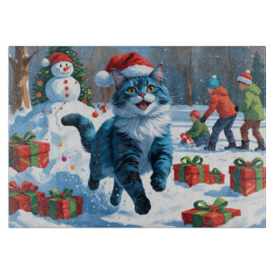 Oriental Blue Cat Sitting in Snow Christmas Hat Cutting Board