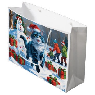 Oriental Blue Cat Sitting in Snow Christmas Hat Large Gift Bag