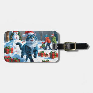 Oriental Blue Cat Sitting in Snow Christmas Hat Luggage Tag