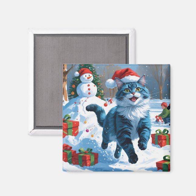 Oriental Blue Cat Sitting in Snow Christmas Hat Magnet (Front/Back)