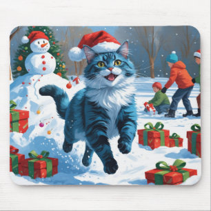 Oriental Blue Cat Sitting in Snow Christmas Hat Mouse Mat