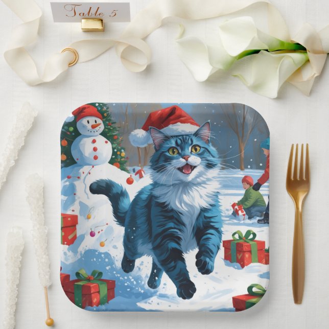 Oriental Blue Cat Sitting in Snow Christmas Hat Paper Plate (Wedding)
