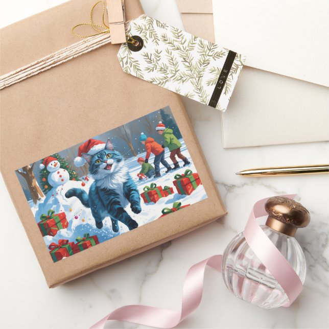 Oriental Blue Cat Sitting in Snow Christmas Hat Rectangular Sticker (Gifting)