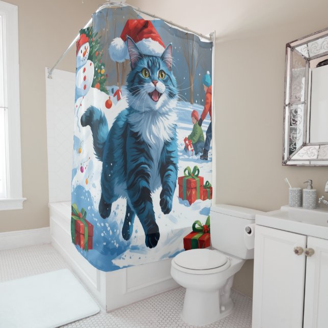 Oriental Blue Cat Sitting in Snow Christmas Hat Shower Curtain (In Situ)