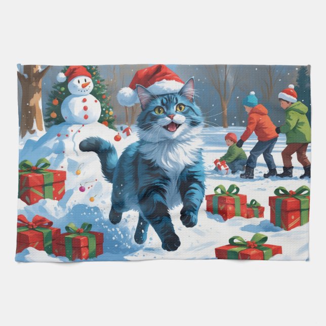 Oriental Blue Cat Sitting in Snow Christmas Hat Tea Towel (Horizontal)