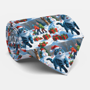 Oriental Blue Cat Sitting in Snow Christmas Hat Tie