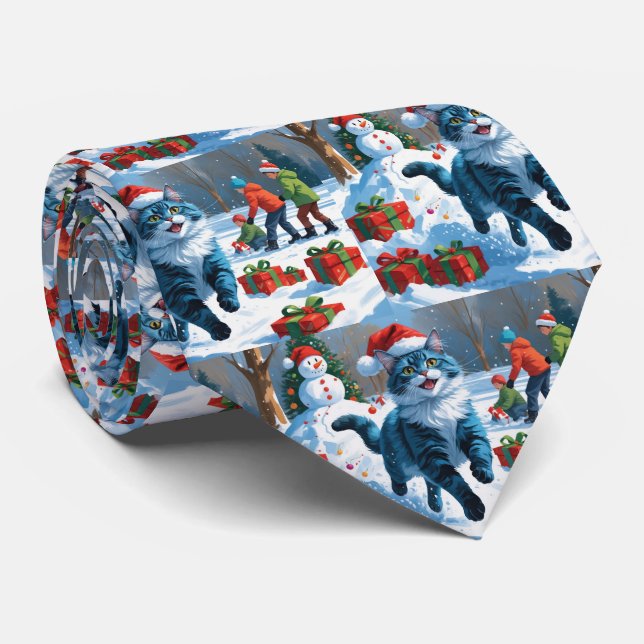 Oriental Blue Cat Sitting in Snow Christmas Hat Tie (Rolled)