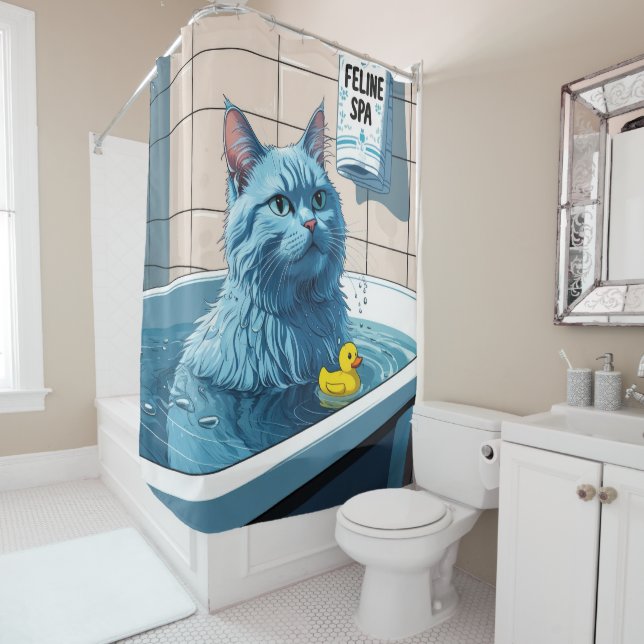 Oriental Blue Cat Sloppy Sleepy Cute Funny Shower Curtain (In Situ)