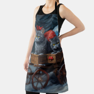 Oriental Blue Cat Snowy Sleigh Christmas Decor Apron