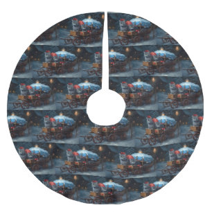 Oriental Blue Cat Snowy Sleigh Christmas Decor Brushed Polyester Tree Skirt