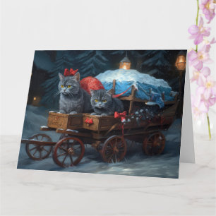 Oriental Blue Cat Snowy Sleigh Christmas Decor Card