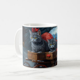 Oriental Blue Cat Snowy Sleigh Christmas Decor Coffee Mug