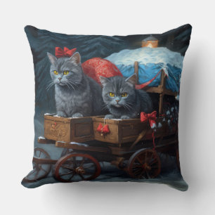 Oriental Blue Cat Snowy Sleigh Christmas Decor Cushion
