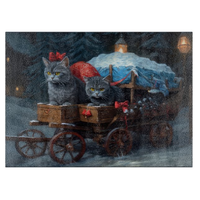 Oriental Blue Cat Snowy Sleigh Christmas Decor Cutting Board (Front)