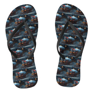 Oriental Blue Cat Snowy Sleigh Christmas Decor Flip Flops