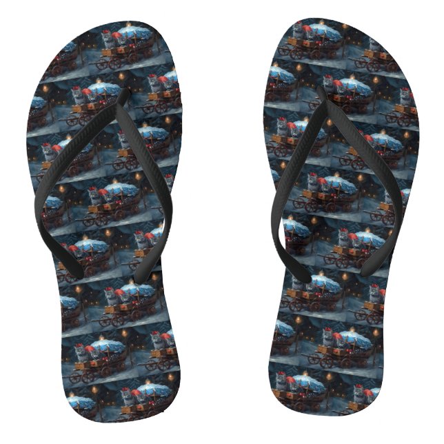 Oriental Blue Cat Snowy Sleigh Christmas Decor Flip Flops (Footbed)