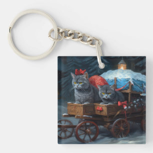 Oriental Blue Cat Snowy Sleigh Christmas Decor Key Ring