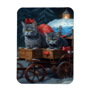 Oriental Blue Cat Snowy Sleigh Christmas Decor Magnet