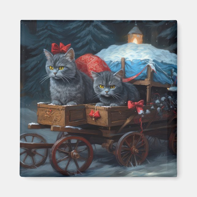 Oriental Blue Cat Snowy Sleigh Christmas Decor Magnet (Front)