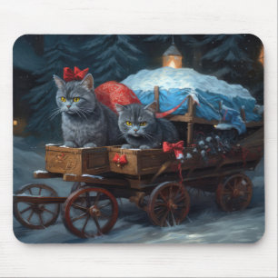 Oriental Blue Cat Snowy Sleigh Christmas Decor Mouse Mat