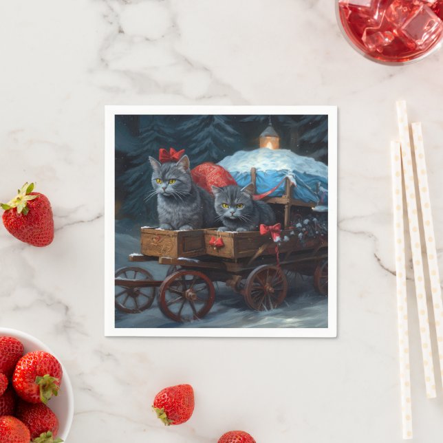 Oriental Blue Cat Snowy Sleigh Christmas Decor Napkin (Insitu)