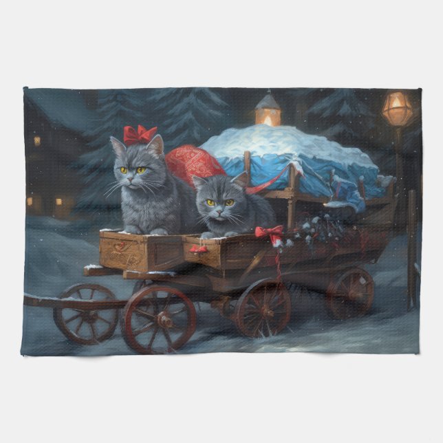 Oriental Blue Cat Snowy Sleigh Christmas Decor Tea Towel (Horizontal)