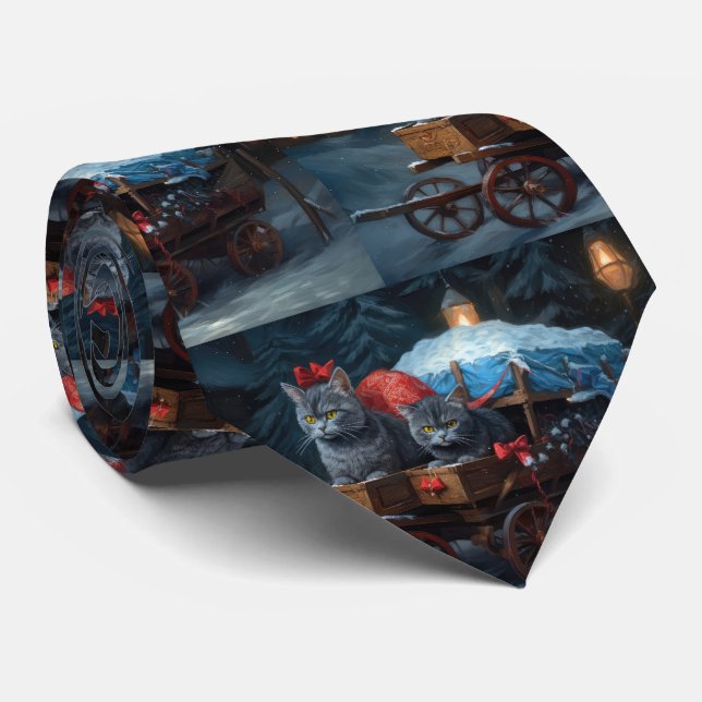 Oriental Blue Cat Snowy Sleigh Christmas Decor Tie (Rolled)