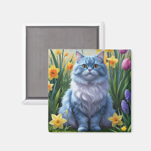 Oriental Blue Cat Spring Flowers Painting Magnet