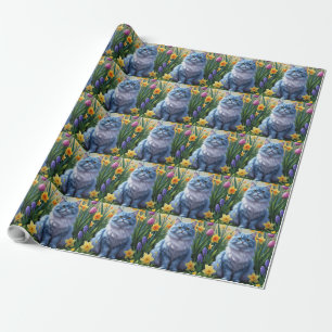 Oriental Blue Cat Spring Flowers Painting  Wrapping Paper