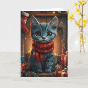Oriental Blue Cat With Christmas Gift Fireplace Card