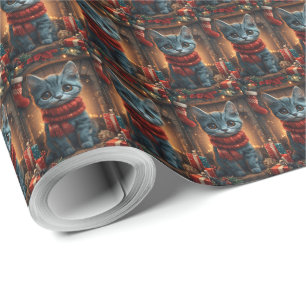 Oriental Blue Cat With Christmas Gift Fireplace Wrapping Paper