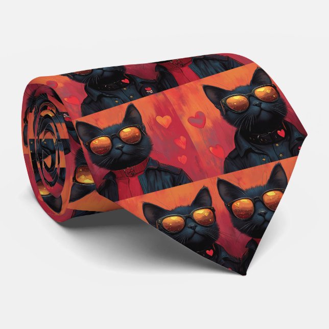 Oriental Blue Cat with Heart Roses Valentine's Day Tie (Rolled)