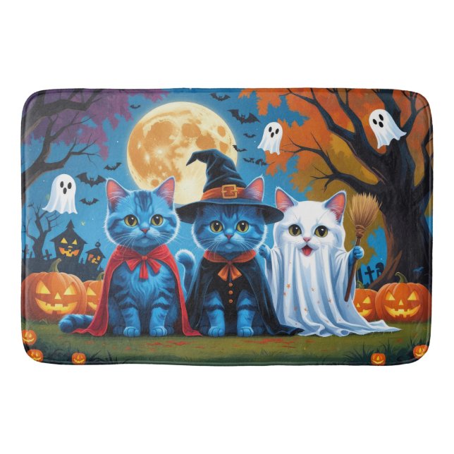 Oriental Blue Cats Pumpkin Halloween Funny Bath Mat (Front)