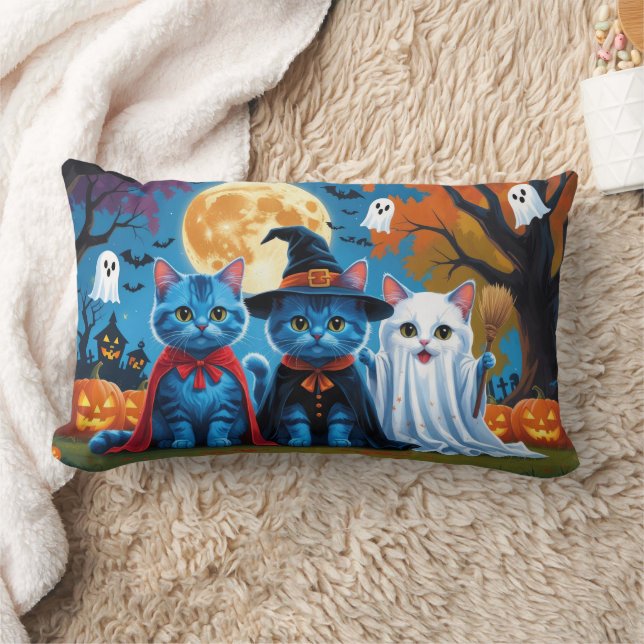 Oriental Blue Cats Pumpkin Halloween Funny Lumbar Cushion (Blanket)
