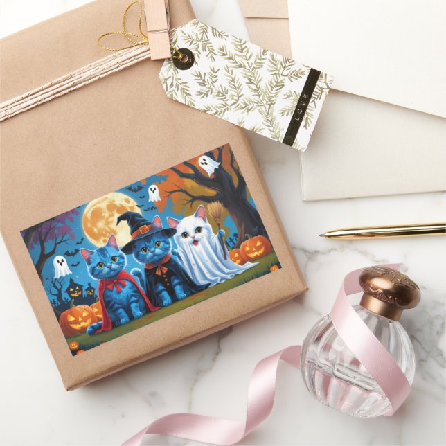 Oriental Blue Cats Pumpkin Halloween Funny Rectangular Sticker (Gifting)