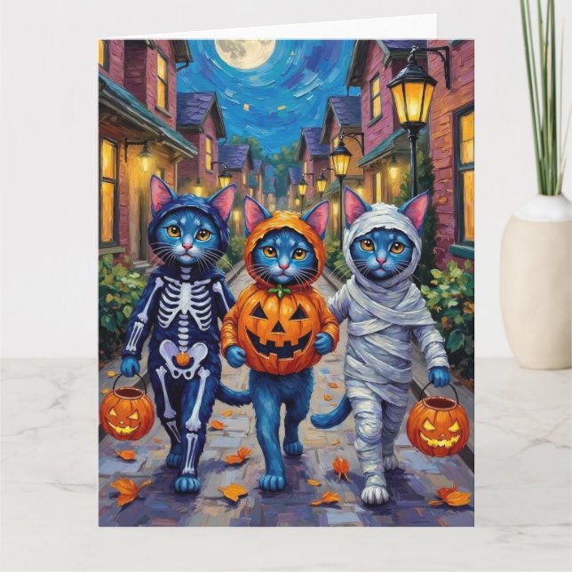 Oriental Blue Cats Trick-or-Treating Halloween  Card (Front)