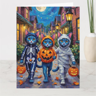 Oriental Blue Cats Trick-or-Treating Halloween  Card