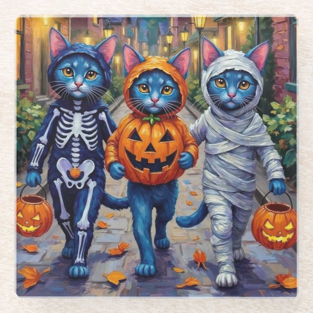 Oriental Blue Cats Trick-or-Treating Halloween  Glass Coaster (Front)