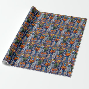 Oriental Blue Cats Trick-or-Treating Halloween  Wrapping Paper