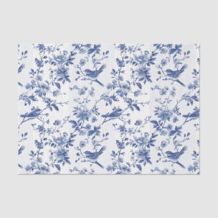 Oriental Blue Floral with Birds Pinstriped Pattern Tissue Paper