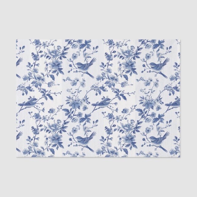 Oriental Blue Floral with Birds Pinstriped Pattern Tissue Paper (Front)